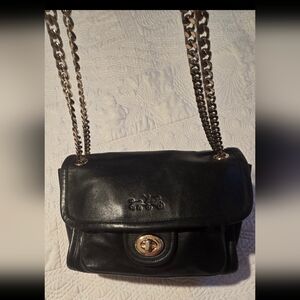 Coach Ranger Flap Black Leather Crossbody Shoulder Bag, Gold Chain